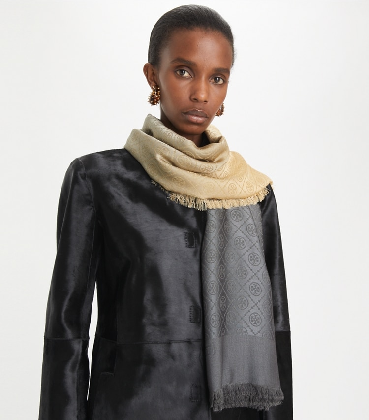 Tory Burch designer scarves T Monogram Traveler in CAMEL accessory on model