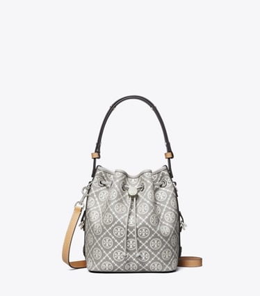Tory Burch designer crossbody bags T Monogram Utility Bucket Bag in Gray front