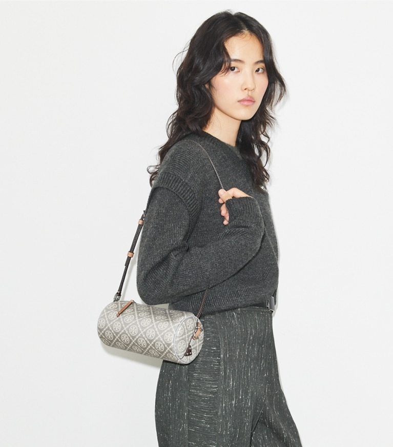 Tory Burch designer crossbody bags T Monogram Utility Cylinder Bag in Gray angle