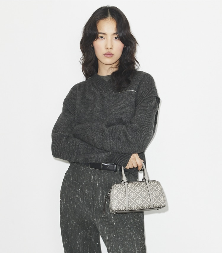 Tory Burch designer crossbody bags T Monogram Utility Mini Barrel Bag in Gray additional on model