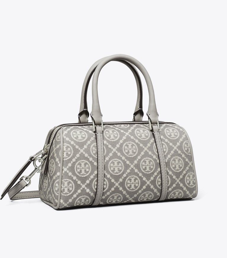 Tory Burch designer crossbody bags T Monogram Utility Mini Barrel Bag in Gray angle