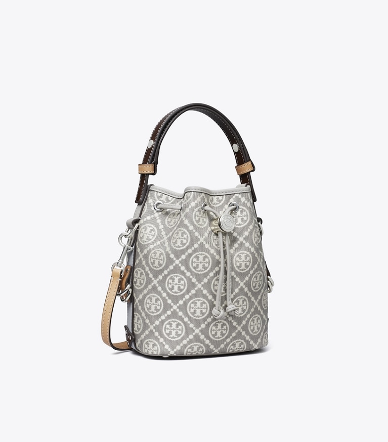 Tory Burch designer クロスボディバッグ Tモノグラム ユーティリティ ミニ バケットバッグ in Gray angle