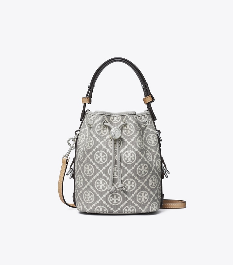 Tory Burch designer クロスボディバッグ Tモノグラム ユーティリティ ミニ バケットバッグ in Gray angle