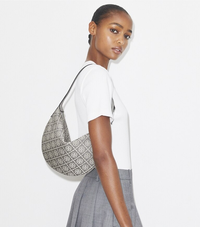 Tory Burch designer shoulder bags T Monogram Utility Small Balloon Bag in Gray angle
