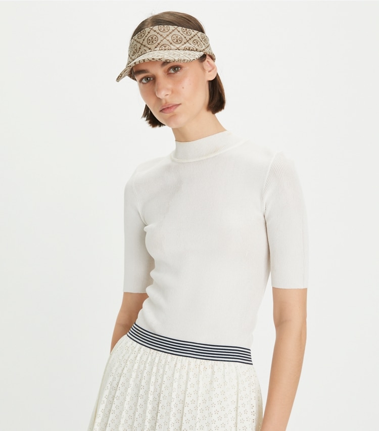 Tory Burch designer hats T Monogram Visor in Hazel accessory on model