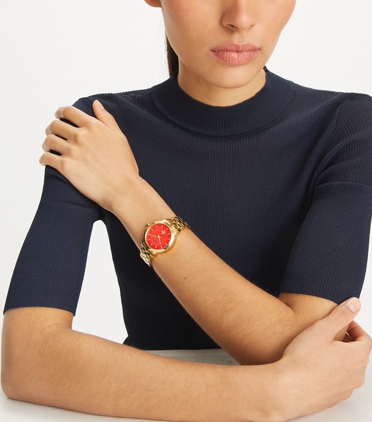 Tory Burch designer strap watches T Monogram Watch in CORAL/GOLD front