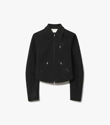 Tory Burch designer jackets T Monogram Wool Biker Jacket in Black/T Monogram Jacquard Combo D front