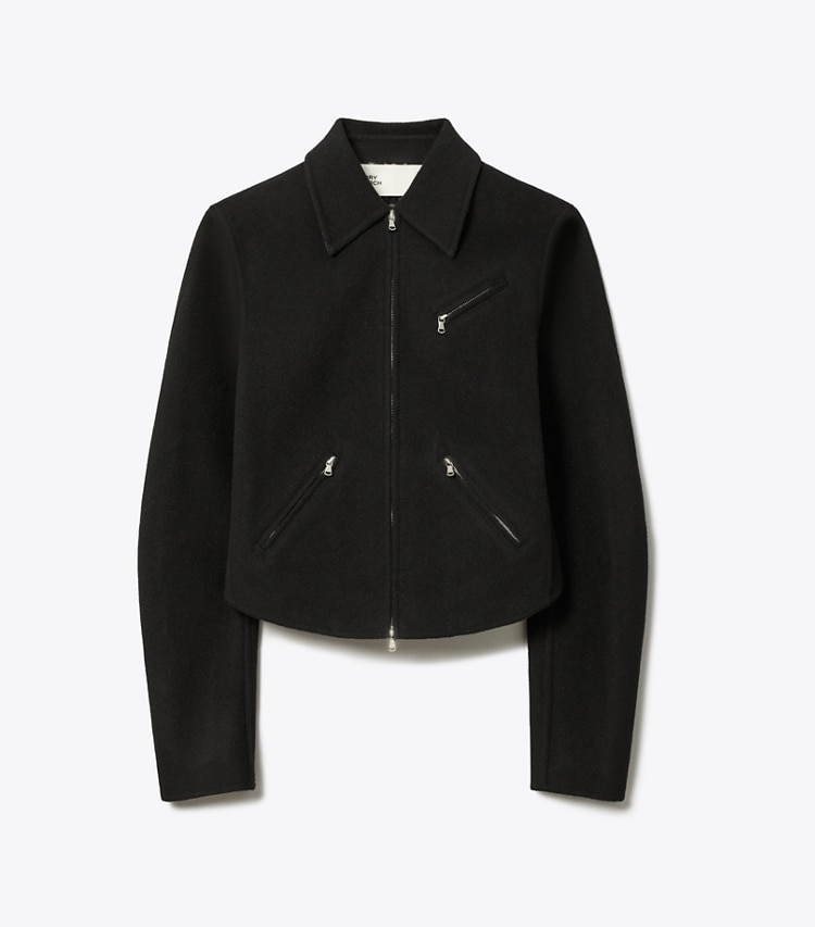 Tory Burch designer jackets T Monogram Wool Biker Jacket in Black/T Monogram Jacquard Combo D front