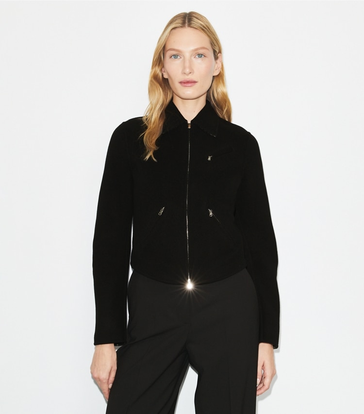 Tory Burch designer jackets T Monogram Wool Biker Jacket in Black/T Monogram Jacquard Combo D on model detail