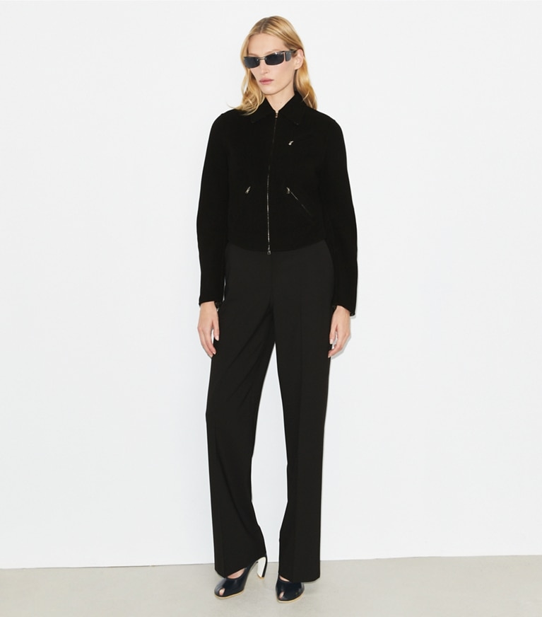 Tory Burch designer jackets T Monogram Wool Biker Jacket in Black/T Monogram Jacquard Combo D front