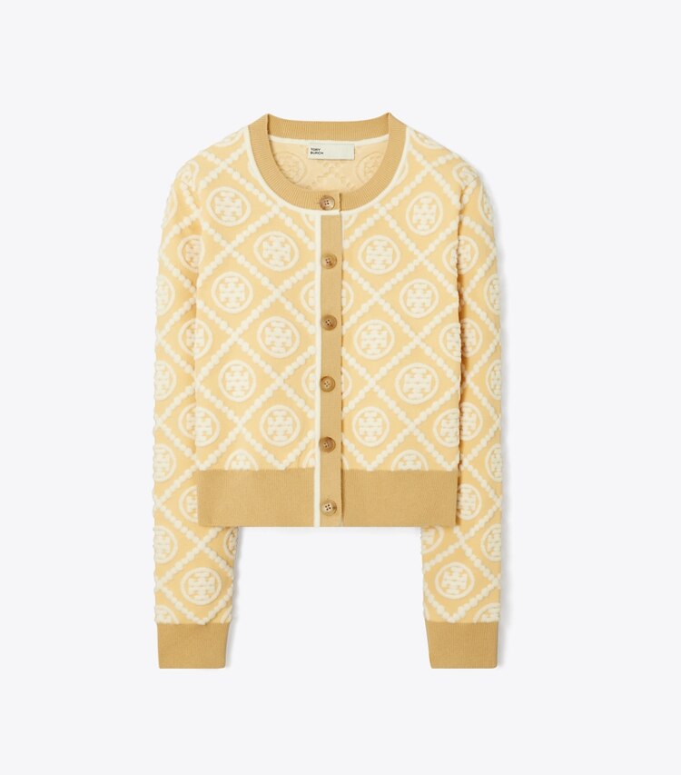 Tory Burch designer セーター Tモノグラム ウールカーディガン in Dusted Beige 3D T Monogram Jacquard front