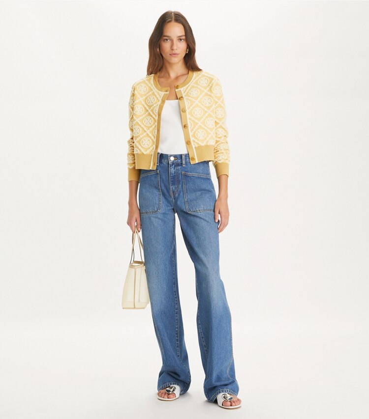 Tory Burch designer セーター Tモノグラム ウールカーディガン in Dusted Beige 3D T Monogram Jacquard モデル前面