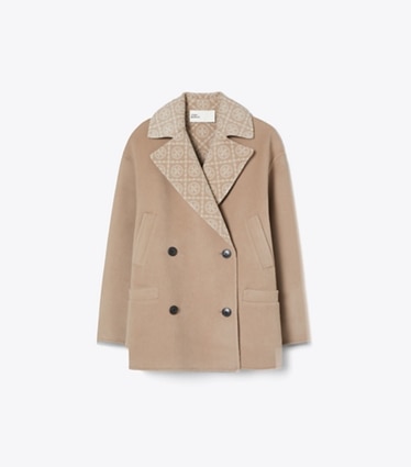 Tory Burch designer コート Tモノグラム ウール ピーコート in Timeless Khaki / T Monogram Combo I front