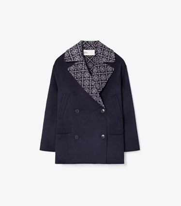 Tory Burch designer coats T Monogram Wool Peacoat in Medium Navy/Gray Logo Allover front