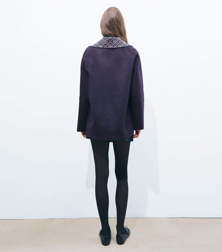 Tory Burch designer coats T Monogram Wool Peacoat in Medium Navy/Gray Logo Allover on model back