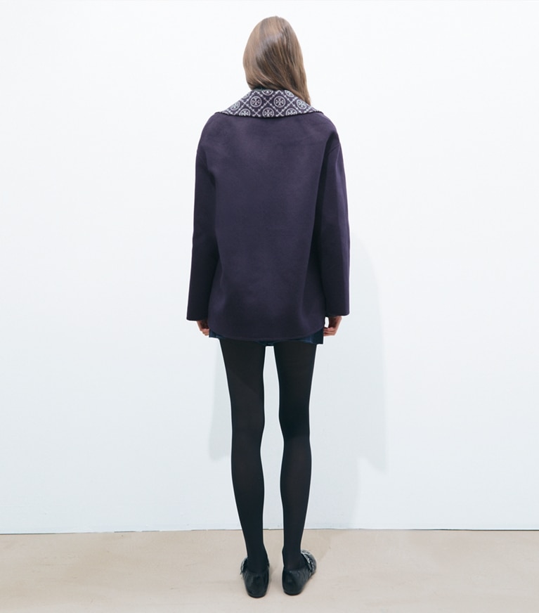 Tory Burch designer coats T Monogram Wool Peacoat in Medium Navy/Gray Logo Allover on model back
