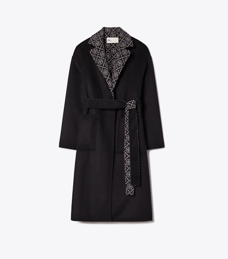 Tory Burch designer coats T Monogram Wool Wrap Coat in Black/T Monogram Jacquard Combo D front