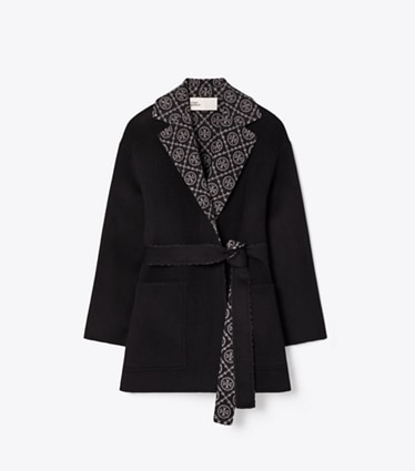 Tory Burch designer コート Tモノグラム ウール ラップコート in Black/T Monogram Jacquard Combo D front