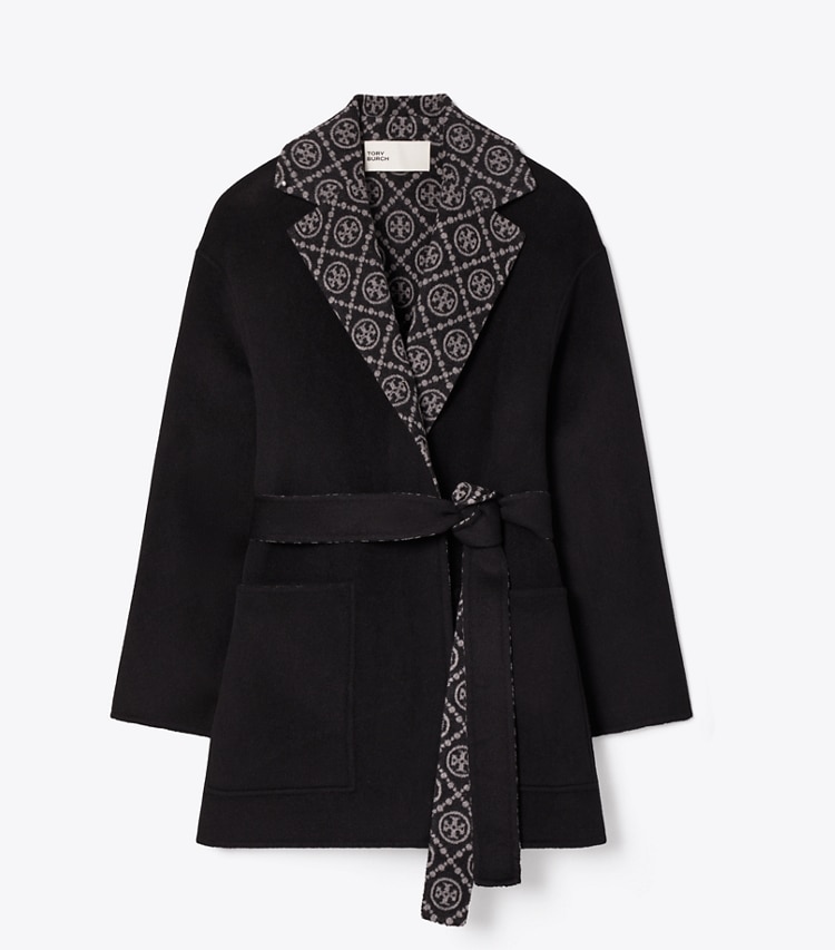 Tory Burch designer コート Tモノグラム ウール ラップコート in Black/T Monogram Jacquard Combo D front