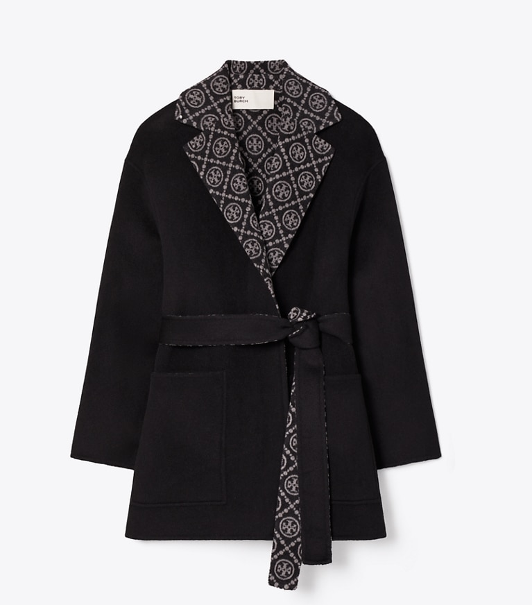 Tory Burch designer コート Tモノグラム ウール ラップコート in Black/T Monogram Jacquard Combo D front