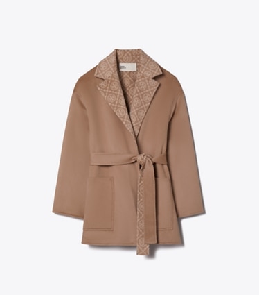 Tory Burch designer コート Tモノグラム ウール ラップコート in Timeless Khaki / T Monogram Combo I front
