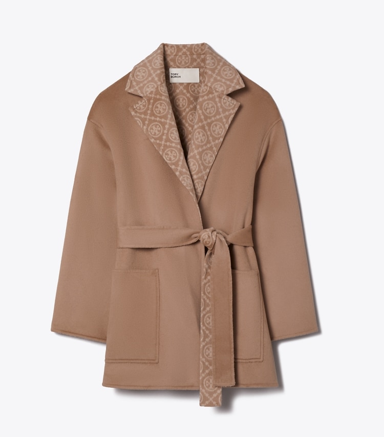 Tory Burch designer コート Tモノグラム ウール ラップコート in Timeless Khaki / T Monogram Combo I front