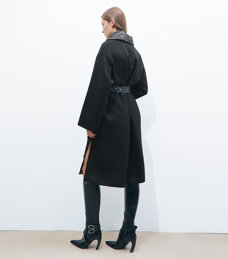 Tory Burch designer coats T Monogram Wool Wrap Coat in Black/T Monogram Jacquard Combo D on model back
