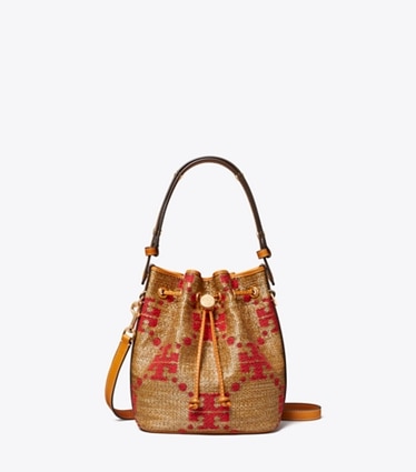 Tory Burch designer crossbody bags T Monogram Woven Bucket Bag in Natural front
