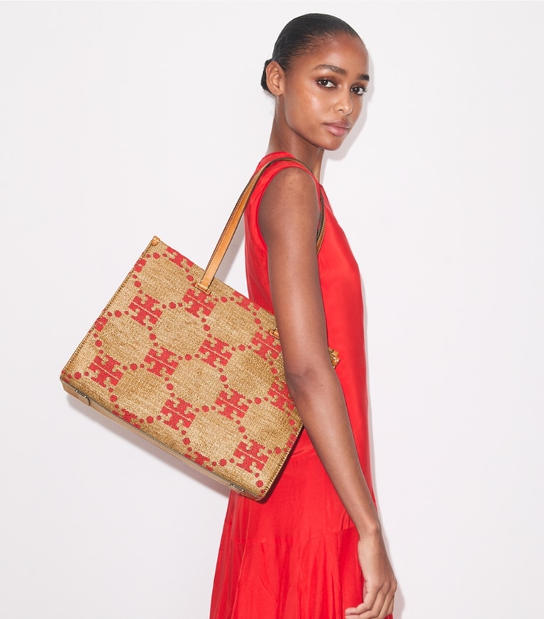 Tory Burch designer tote bags T Monogram Woven Tote in Natural accessory on model