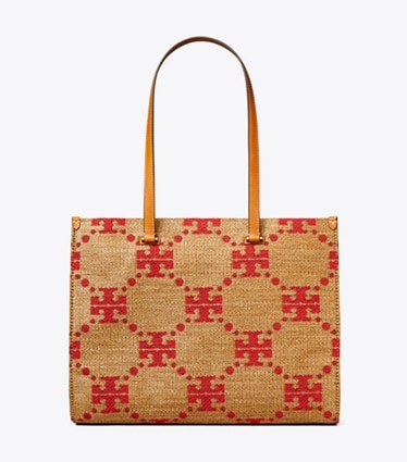 Tory Burch designer tote bags T Monogram Woven Tote in Natural front