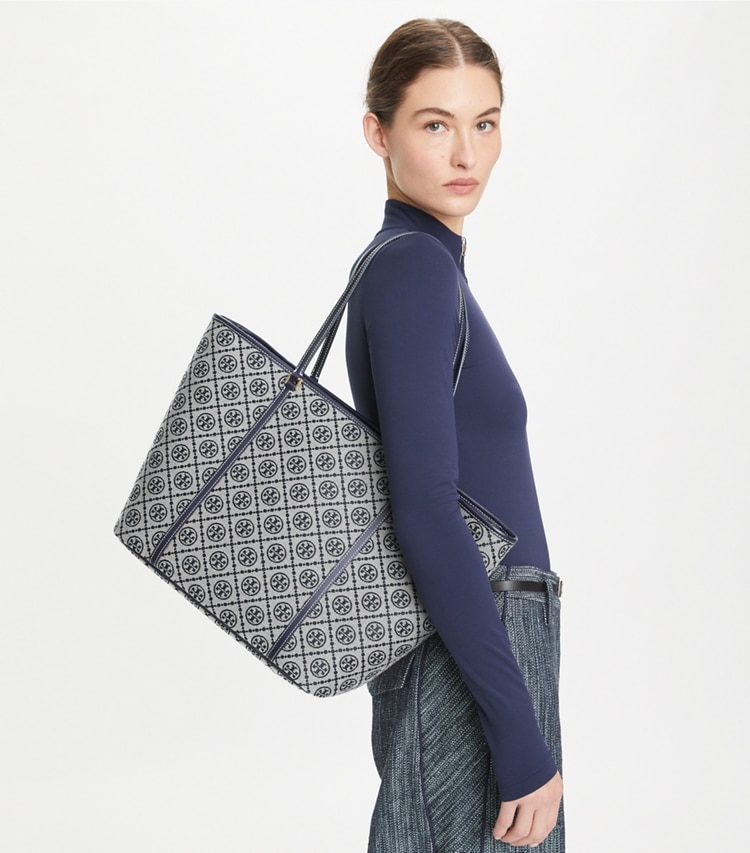 Tory Burch designer tote bags T Monogram Zip Tote in Tory Navy accessory on model