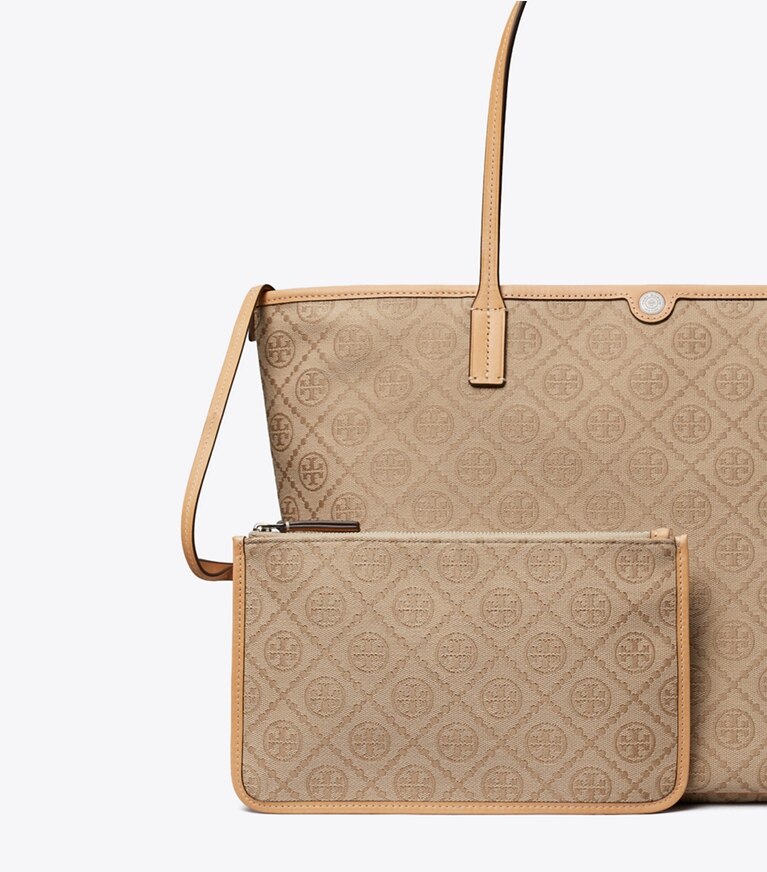 Tory Burch designer tote bags T Monogram Zip Tote in Flax detail