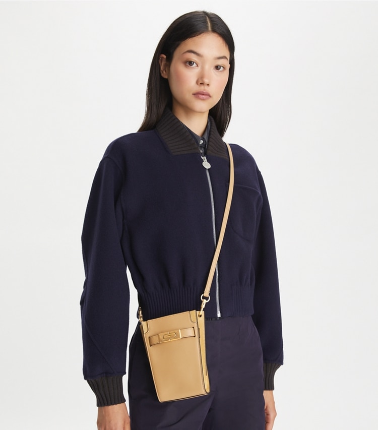 Tory Burch designer mini bags T Phone Crossbody in Macadamia accessory on model