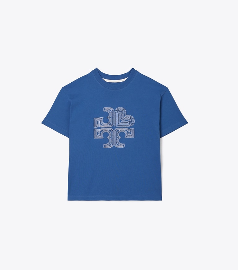 Tory Sport designer hauts T-shirt à logo cœur brodé dans Blue Wash / Ivory Pearl de face