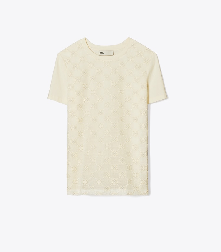 Tory Burch designer hauts T-shirt à logo en dentelle dans New Ivory de face