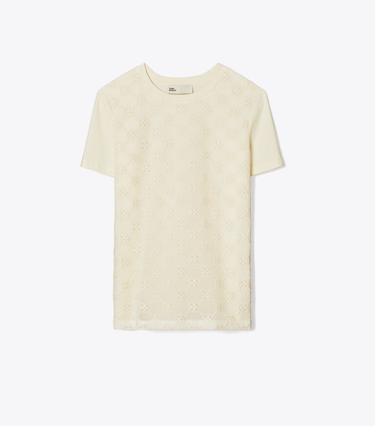 Tory Burch designer hauts T-shirt à logo en dentelle dans New Ivory de face