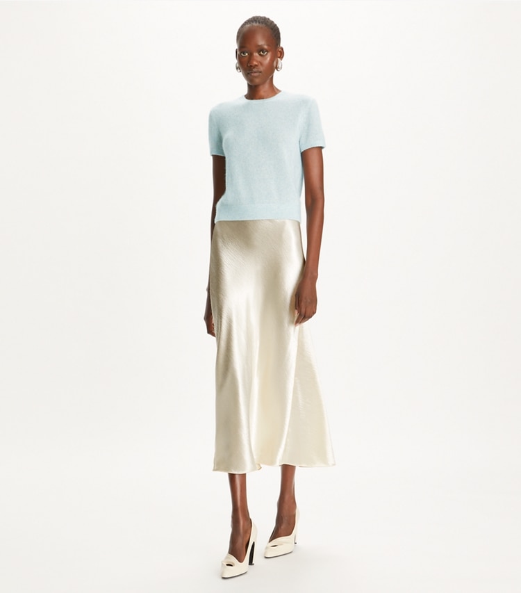Tory Burch designer strickware T-Shirt aus Kaschmir und Seide in Soft Dewdrop modell von vorn