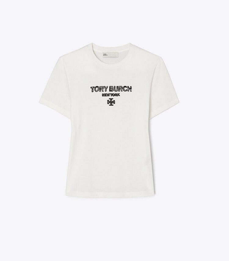 Tory Burch designer hauts T-shirt en coton brodé dans Snow White / Black de face