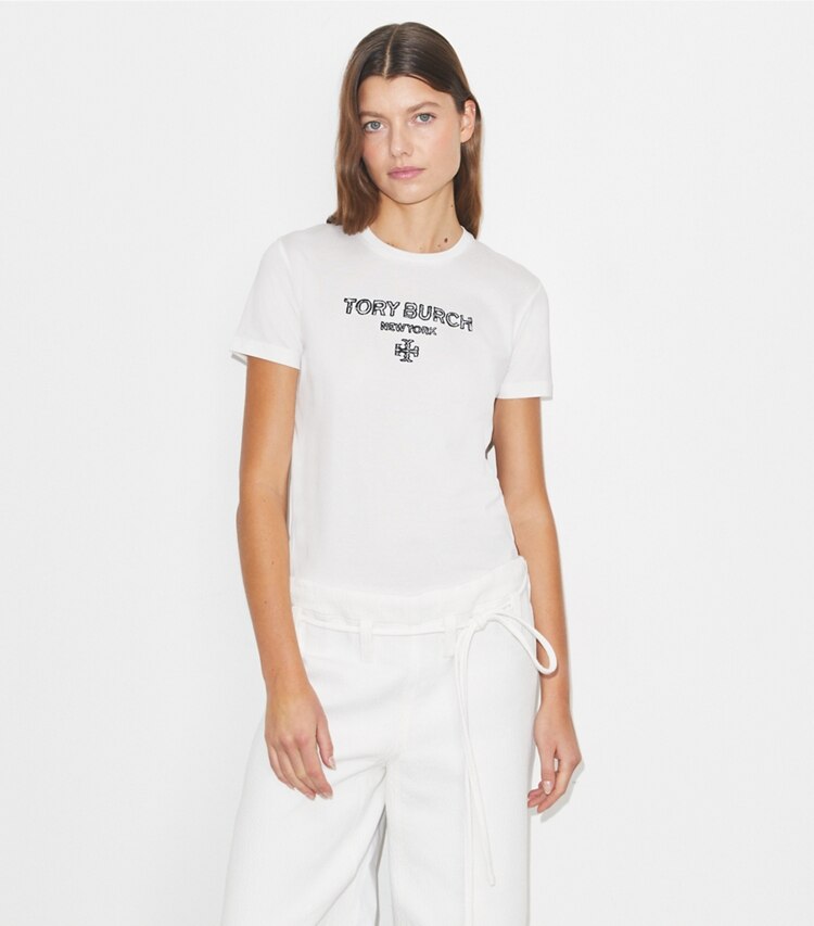 Tory Burch designer hauts T-shirt en coton brodé dans Snow White / Black détail sur modèle