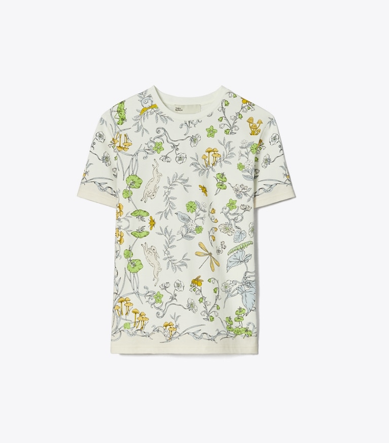 Tory Burch designer hauts T-shirt en coton imprimé dans Beige Rabbit Field de face