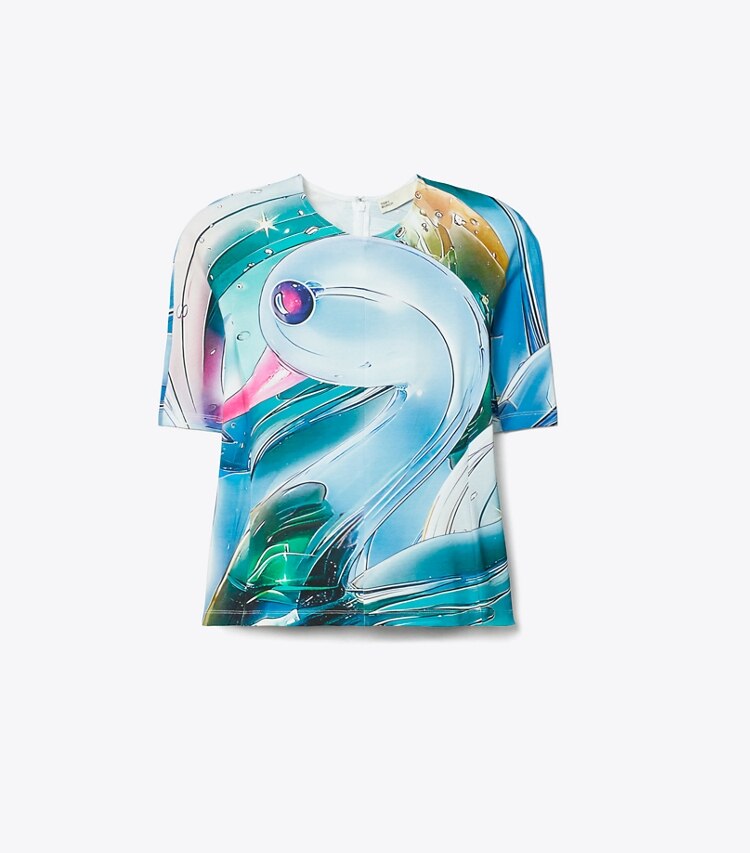 Tory Burch designer hauts T-shirt en coton imprimé in Blue Glass Swan AllOver front