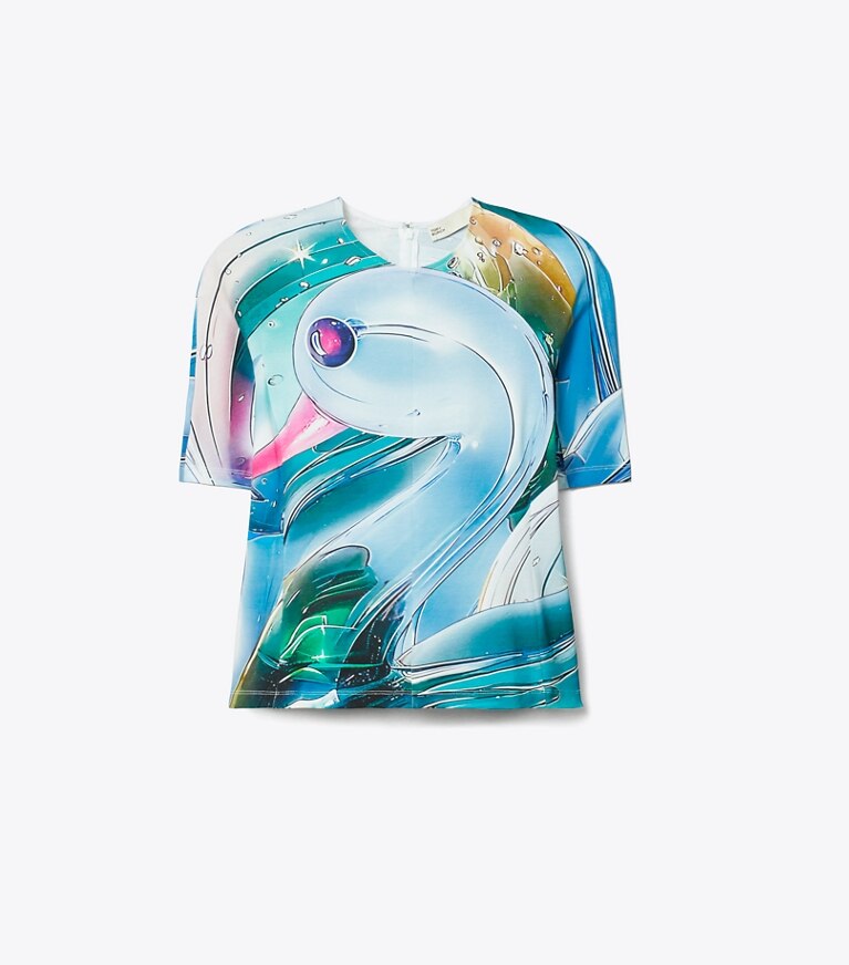 Tory Burch designer hauts T-shirt en coton imprimé in Blue Glass Swan AllOver front