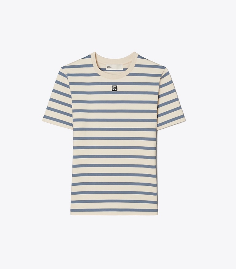 Tory Burch designer hauts T-shirt en coton rayé in Light Ivory/Blue TEI Heavy Y/D Cotton front
