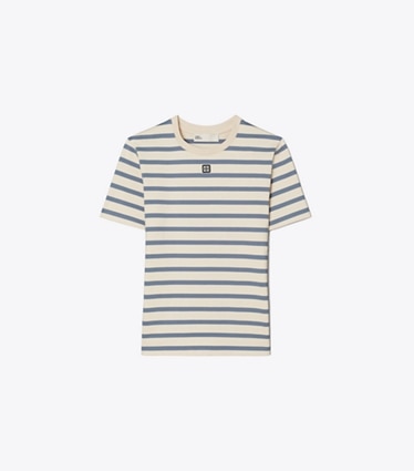 Tory Burch designer tops T-shirt in cotone a righe in Light Ivory/Blue TEI Heavy Y/D Cotton front