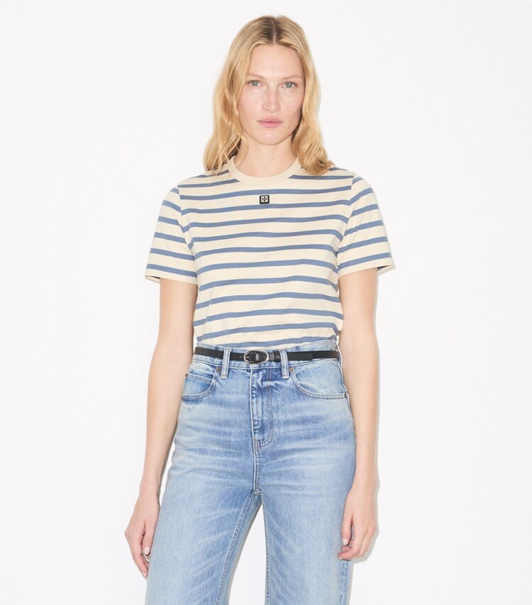 Tory Burch designer tops T-shirt in cotone a righe in Light Ivory/Blue TEI Heavy Y/D Cotton on model detail