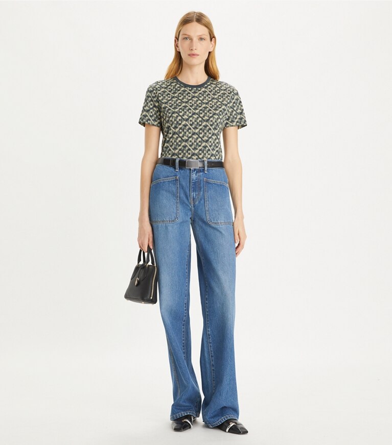 Tory Burch designer tops T-shirt in cotone stampata in Blue Prismatic T Monogram Tee front