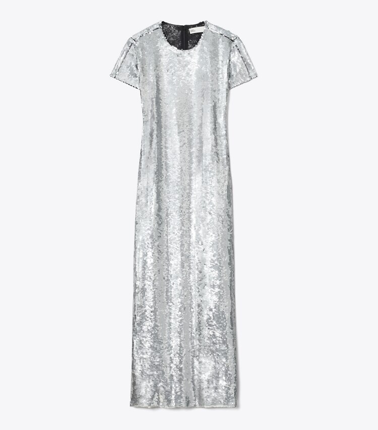 Tory Burch designer kleider T-Shirt-Kleid mit Pailletten in Silver Sequins front