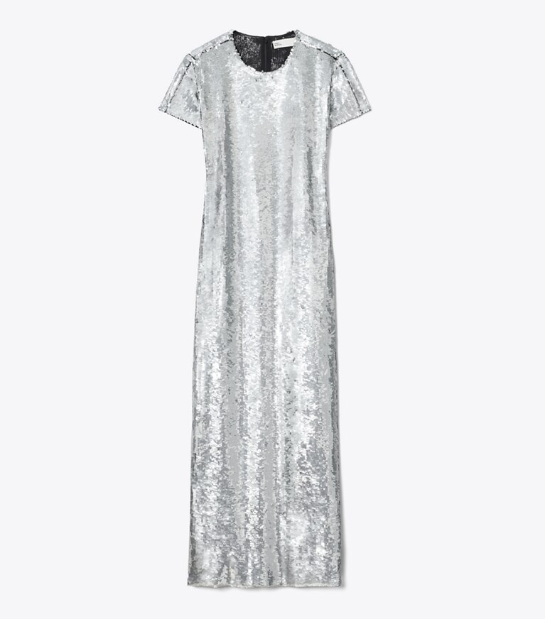 Tory Burch designer kleider T-Shirt-Kleid mit Pailletten in Silver Sequins front