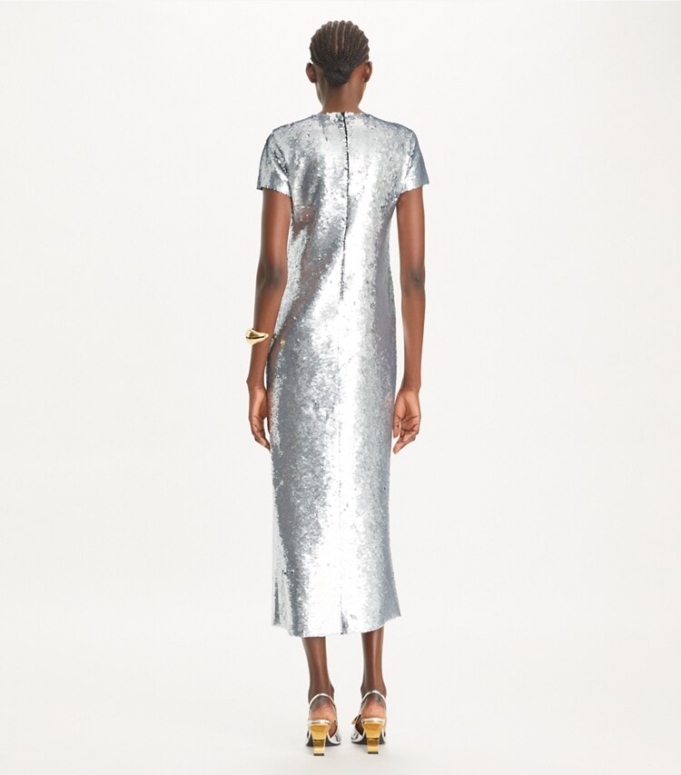 Tory Burch designer kleider T-Shirt-Kleid mit Pailletten in Silver Sequins on model back