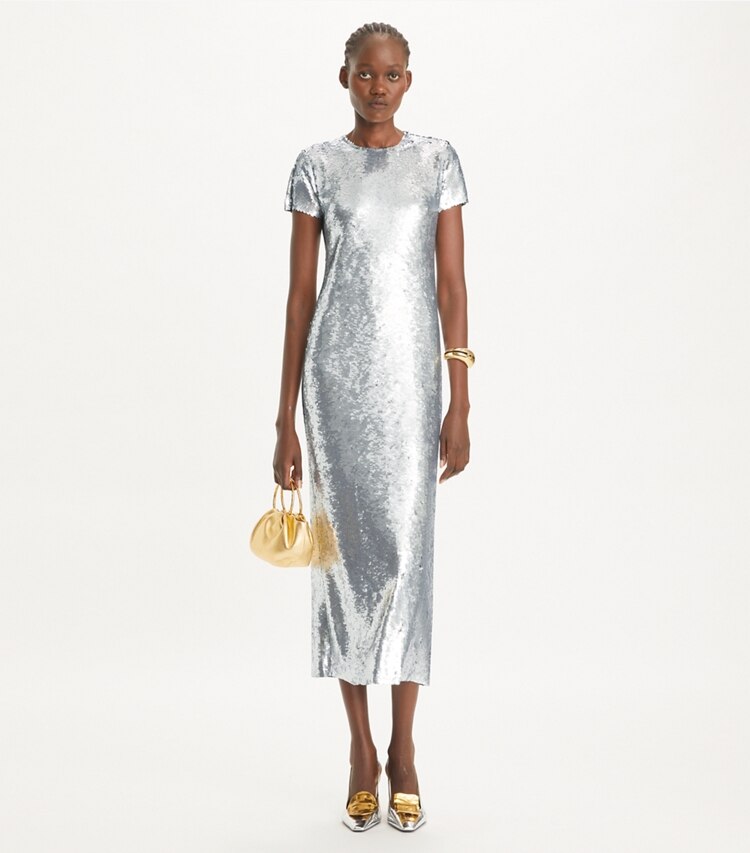 Tory Burch designer kleider T-Shirt-Kleid mit Pailletten in Silver Sequins modell von vorn